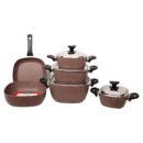 4 square cooking pots with lids ( 18cm ,20cm, 20cm ,28cm ) 1 square onev pan 28cm 1 square fry pan 26cm Total: 10 pieces Material: Forged aluminum with non-stick granite coating Shape: Square Lids: stainless steel  Color: Brown speckled granite finish Handles: Heat-resistant plastic Brand: Saflon (Made in Turkey) Dishwasher safe – PFOA-free – non-stick – easy to clean Compatible with gas & electric stoves  Product Description : Enjoy effortless cooking with the Saflon Granite Square 10-piece cookware set. Its modern square shape maximizes space and heat distribution, while the non-stick granite coating ensures healthy cooking and easy cleaning. Includes tempered glass lids and heat-resistant handles — perfect for any stylish kitchen.